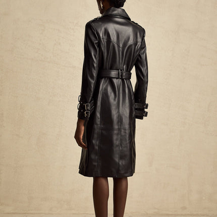 Perla Black Leatherette Double-Breasted Belted Coat with Eyelet Embellishments