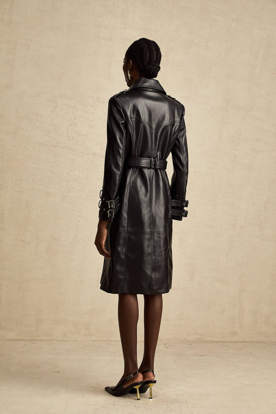 Perla Black Leatherette Double-Breasted Belted Coat with Eyelet Embellishments