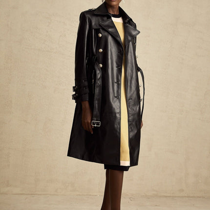 Perla Black Leatherette Double-Breasted Belted Coat with Eyelet Embellishments
