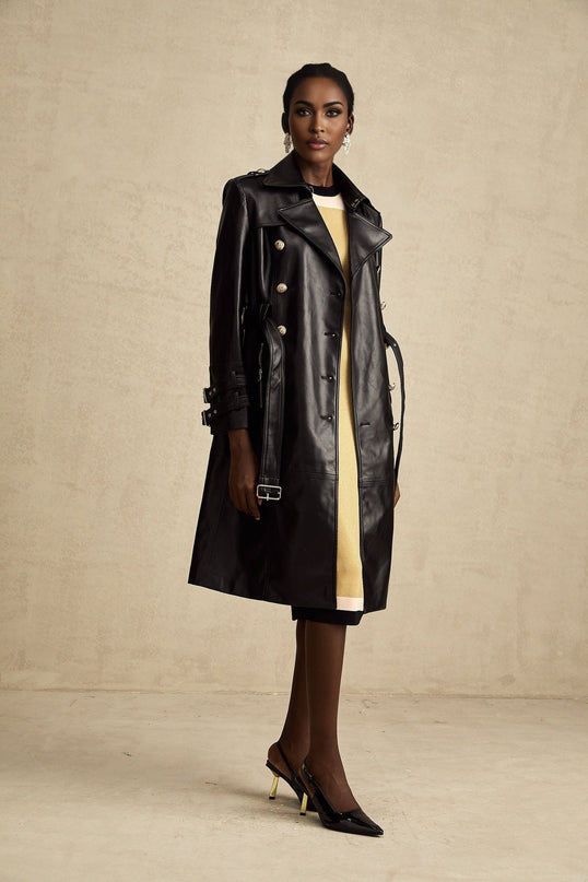 Perla Black Leatherette Double-Breasted Belted Coat with Eyelet Embellishments