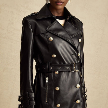 Perla Black Leatherette Double-Breasted Coat Eyelet Embellishments