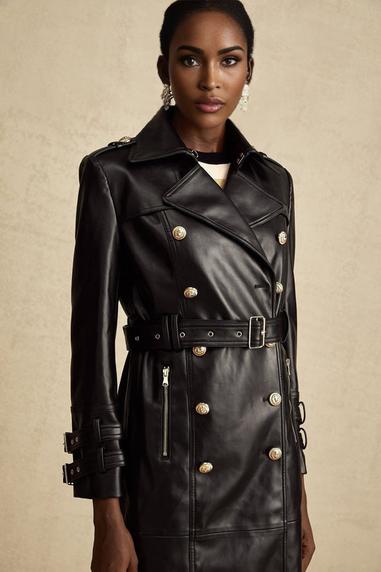 Perla Black Leatherette Double-Breasted Coat Eyelet Embellishments