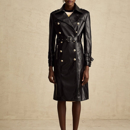 Perla Black Leatherette Double-Breasted Coat with Eyelet Embellishments and Belted Waist