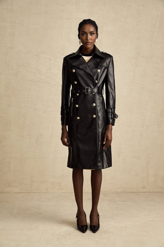Perla Black Leatherette Double-Breasted Coat with Eyelet Embellishments and Belted Waist