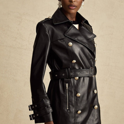 Perla Black Leatherette Double-Breasted Coat with Eyelet Embellishments and Belted Waist