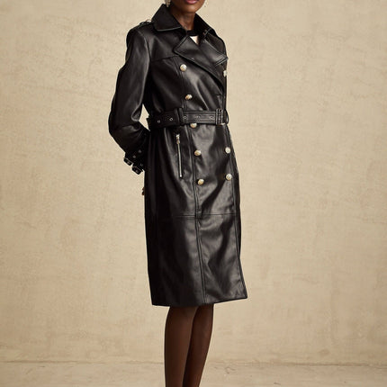 Perla Black Leatherette Double-Breasted Coat with Eyelet Embellishments and Belted Waist
