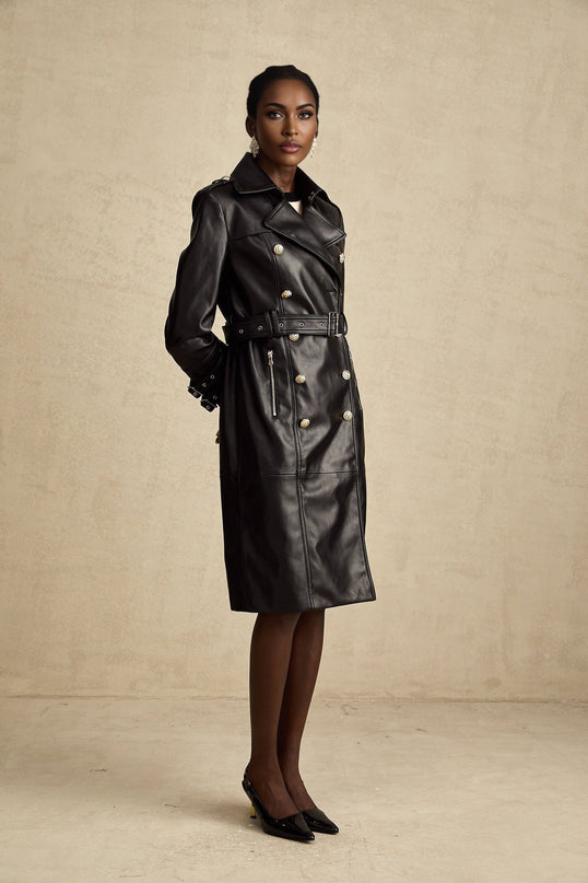 Perla Black Leatherette Double-Breasted Coat with Eyelet Embellishments and Belted Waist