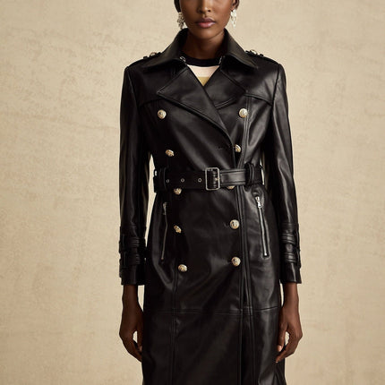 Perla Black Leatherette Double-Breasted Coat with Eyelet Embellishments and Belted Waist