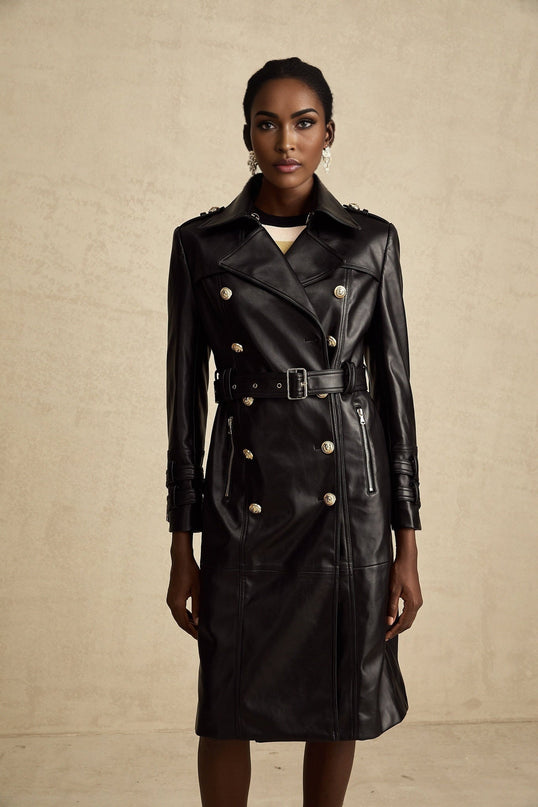 Perla Black Leatherette Double-Breasted Coat with Eyelet Embellishments and Belted Waist