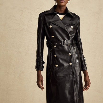 Perla Black Leatherette Double-Breasted Coat with Eyelet Embellishments and Belted Waist