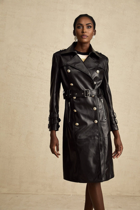 Perla Black Leatherette Double-Breasted Coat with Eyelet Embellishments and Belted Waist