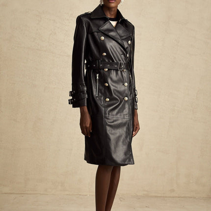 Perla Black Leatherette Double-Breasted Coat with Eyelet Embellishments and Belted Waist