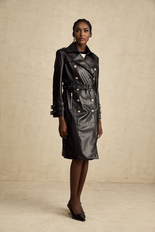 Perla Black Leatherette Double-Breasted Coat with Eyelet Embellishments and Belted Waist