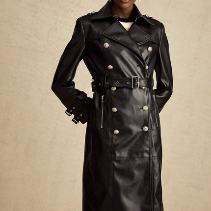 Perla Black Leatherette Double-Breasted Coat with Eyelet Embellishments and Belted Waist