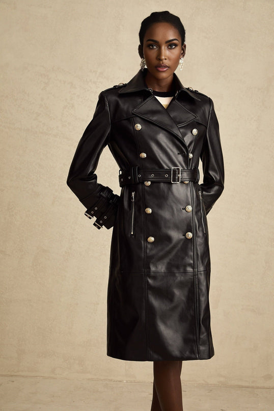 Perla Black Leatherette Double-Breasted Coat with Eyelet Embellishments and Belted Waist