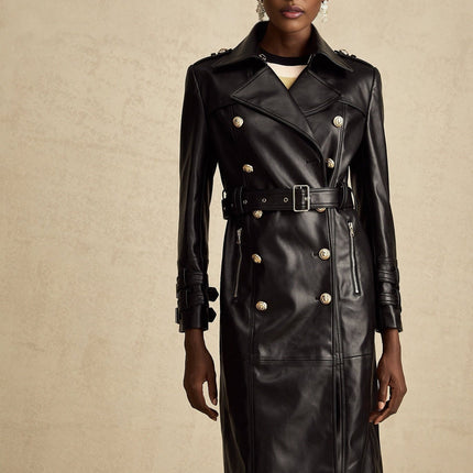 Perla Black Leatherette Double-Breasted Coat with Eyelet Embellishments and Belted Waist