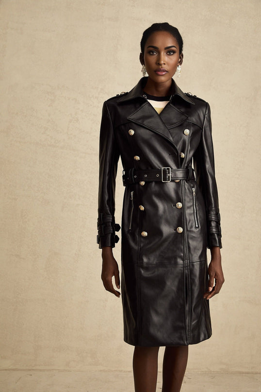 Perla Black Leatherette Double-Breasted Coat with Eyelet Embellishments and Belted Waist