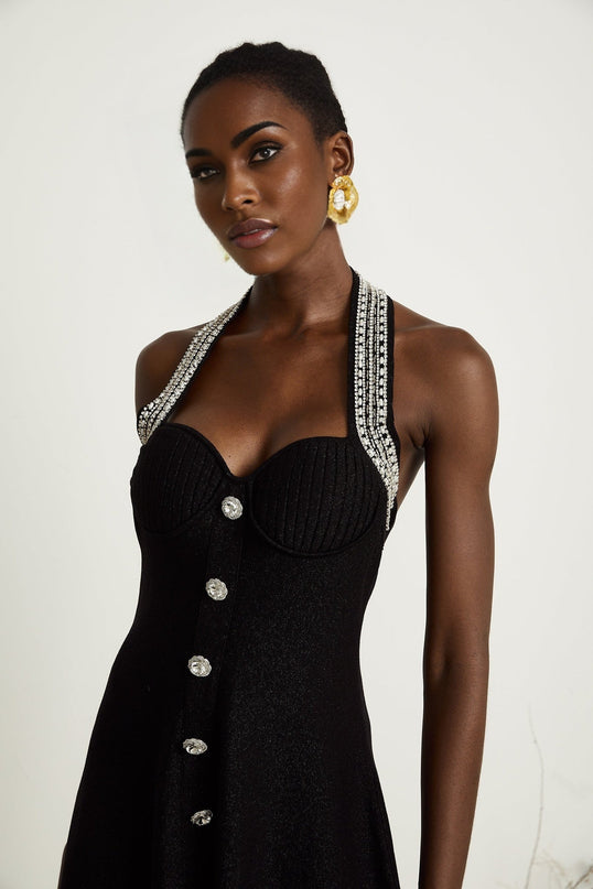 Perla Black Halterneck Bustier Crystal Embellished Mini Dress Knitted Front Decorative Buttons Polyamide Viscose Spandex