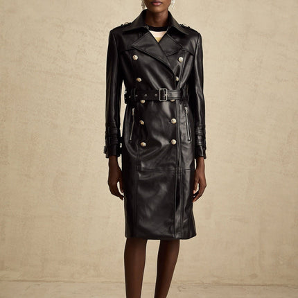 Perla Black Leatherette Double-Breasted Coat Eyelet Embellishments Belted Waist Notched Lapels
