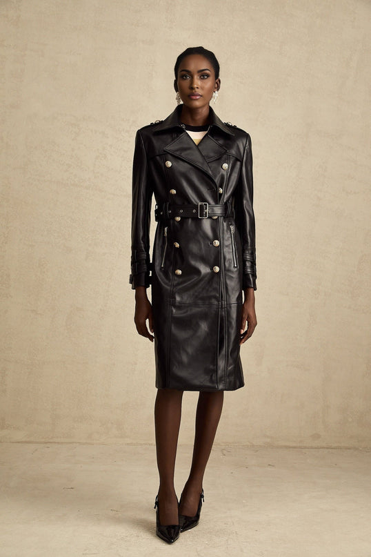 Perla Black Leatherette Double-Breasted Coat Eyelet Embellishments Belted Waist Notched Lapels