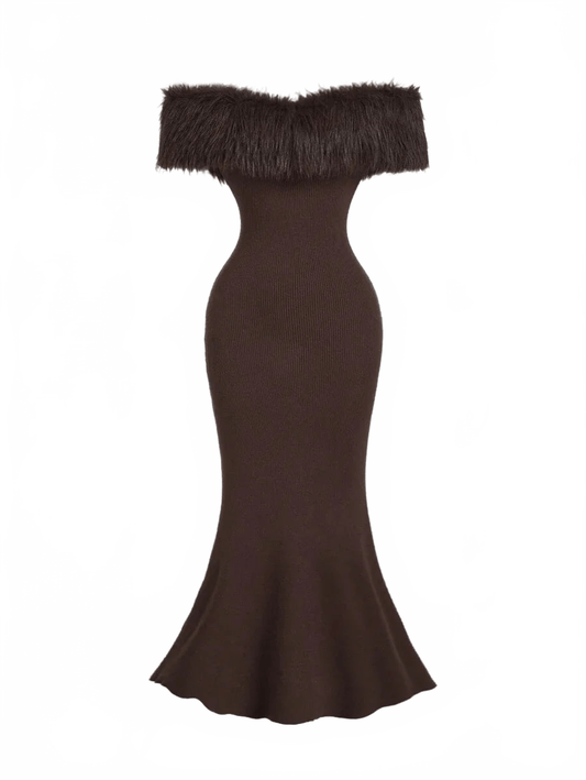 Perla Knitwear Off - Shoulder Sweater Dress with Fur Trim in Coffee Brown - S