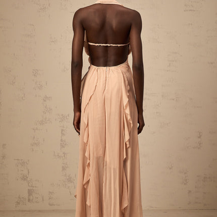 Perla Pink Chiffon Ruffled Maxi Dress with Halter Neck and Backless Silhouette