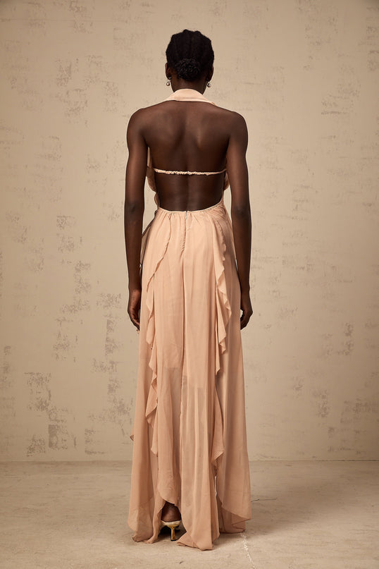 Perla Pink Chiffon Ruffled Maxi Dress with Halter Neck and Backless Silhouette