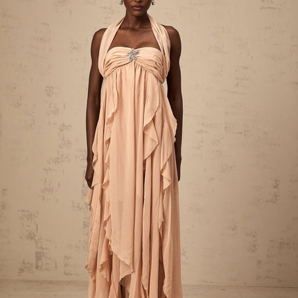 Perla Pink Chiffon Ruffled Maxi Dress with Diamond Embellishments