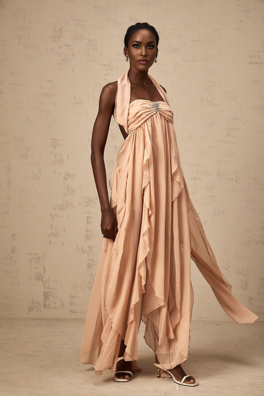 Perla Pink Chiffon Ruffled Maxi Dress Halter Neck Backless Lace Diamond Embellished Evening Gown