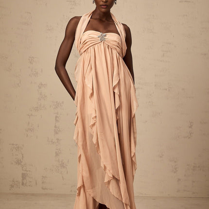 Perla Pink Ruffled Chiffon Halter Neck Maxi Dress with Diamond Embellishments