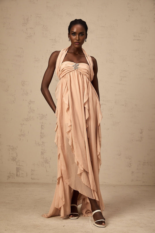 Perla Pink Ruffled Chiffon Halter Neck Maxi Dress with Diamond Embellishments