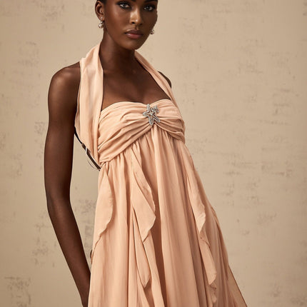 Perla Pink Ruffled Chiffon Halter Neck Maxi Dress with Diamond Embellishments