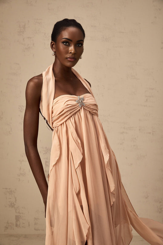 Perla Pink Ruffled Chiffon Halter Neck Maxi Dress with Diamond Embellishments