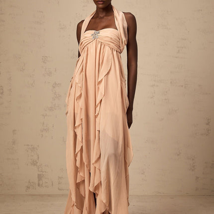 Perla Pink Ruffled Chiffon Maxi Dress with Diamond Embellishments
