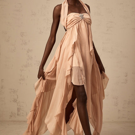 Perla Pink Ruffled Chiffon Maxi Dress with Diamond Embellishments