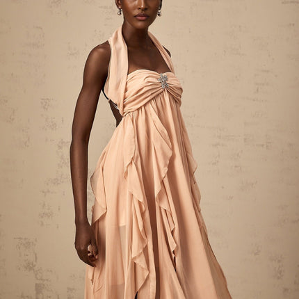 Perla Pink Ruffled Chiffon Maxi Dress with Diamond Embellishments