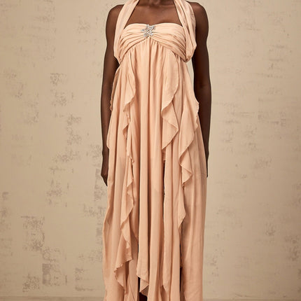 Perla Pink Ruffled Chiffon Maxi Dress with Halter Neck and Diamond Embellishments
