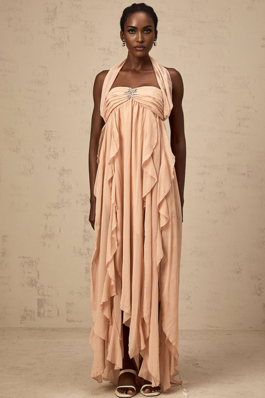 Perla Pink Ruffled Chiffon Maxi Dress with Halter Neck and Diamond Embellishments