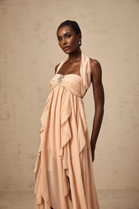 Perla Pink Ruffled Chiffon Maxi Dress with Halter Neck and Backless Silhouette