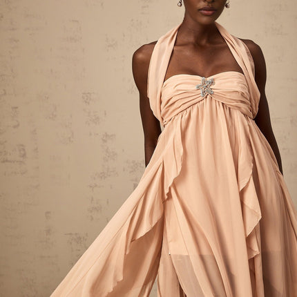 Perla Pink Ruffled Chiffon Maxi Dress with Halter Neck and Backless Silhouette