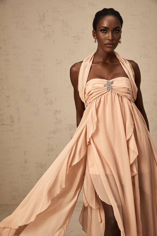 Perla Pink Ruffled Chiffon Maxi Dress with Halter Neck and Backless Silhouette