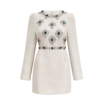 Perla White Tweed Bead Crystal Embellished Mini Dress