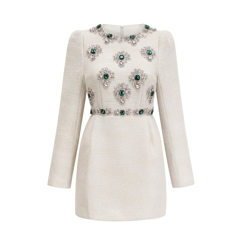 Perla White Tweed Bead Crystal Embellished Mini Dress