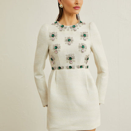 Perla White Tweed Bead Crystal Embellished Mini Dress