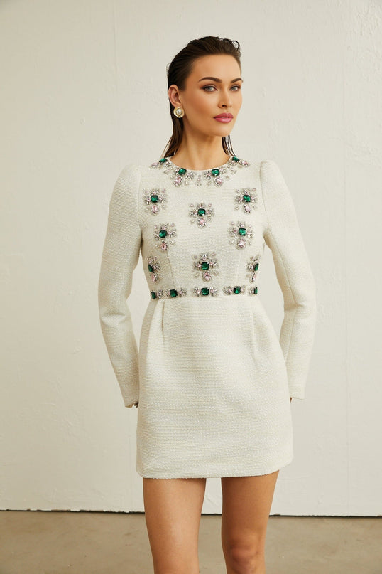 Perla White Tweed Bead Crystal Embellished Mini Dress