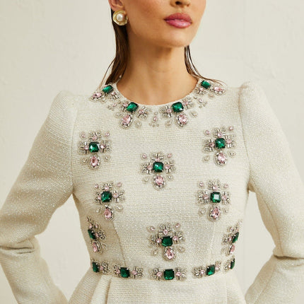Perla White Tweed Bead Crystal Mini Dress