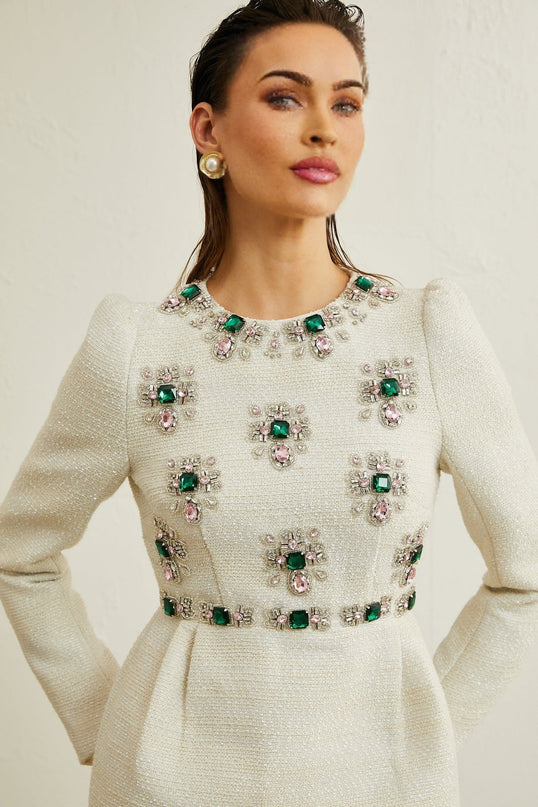 Perla White Tweed Bead Crystal Mini Dress