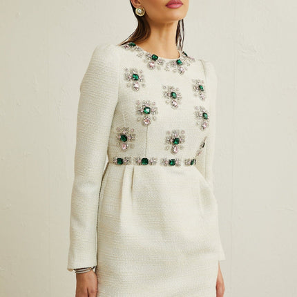 Perla White Tweed Bead Crystal Mini Dress
