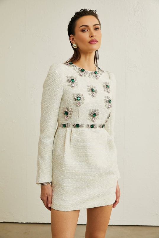 Perla White Tweed Bead Crystal Mini Dress