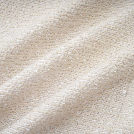 Perla White Tweed Bead Crystal Mini Dress with Cinched Waist Long Sleeves Round Neck